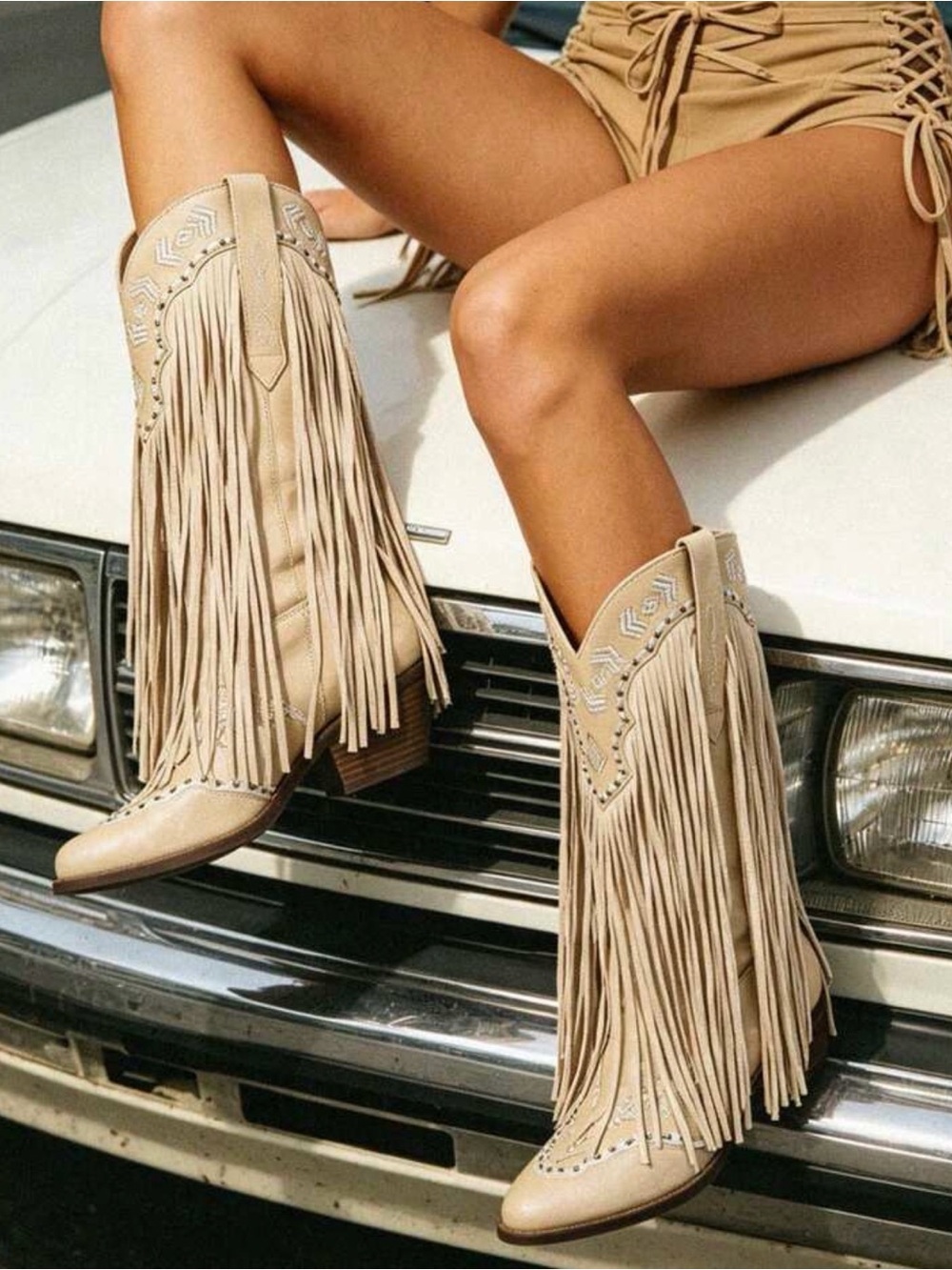 Fringed Western Knee-High Boots - Beige